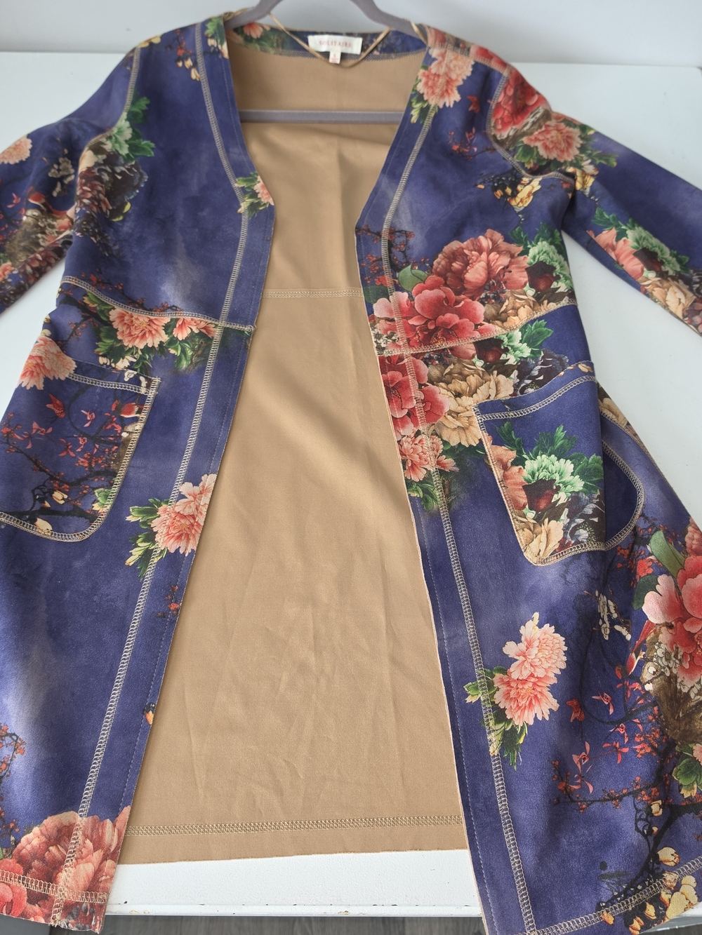 Solitaire Navy Floral Open-Front Trench Coatigan with Tan Lining